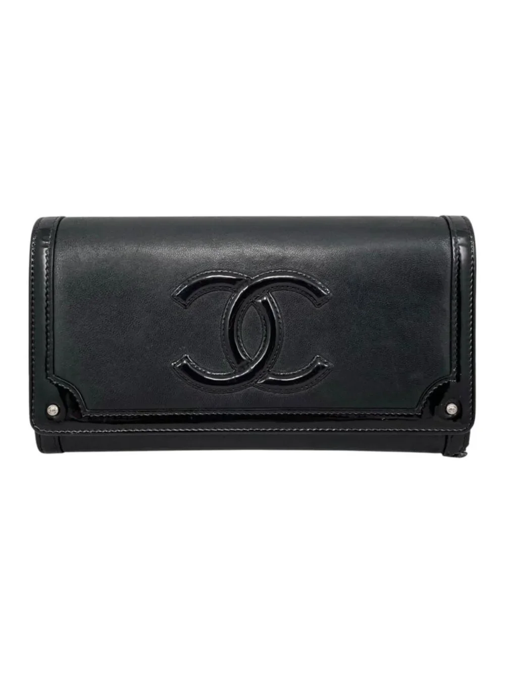 Chanel Bifold Wallet Enamel CC Logo Leather Black Silver